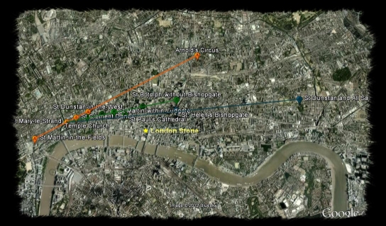 Ley-lines di Londra con la posizione della London Stone in evidenza